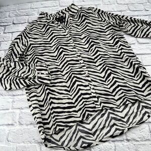 Tahari Women XL Zebra Stripe 100% Linen Button Up Shirt High Low Top Black White